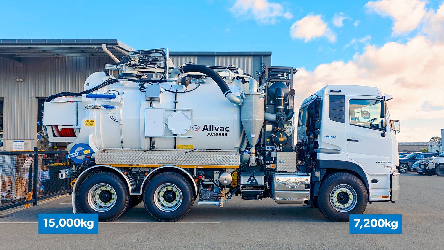 A hydrovac specialist vehicle being weighed with its front wheels on a weighbridge to find out how much of its payload is distributed on its front axle