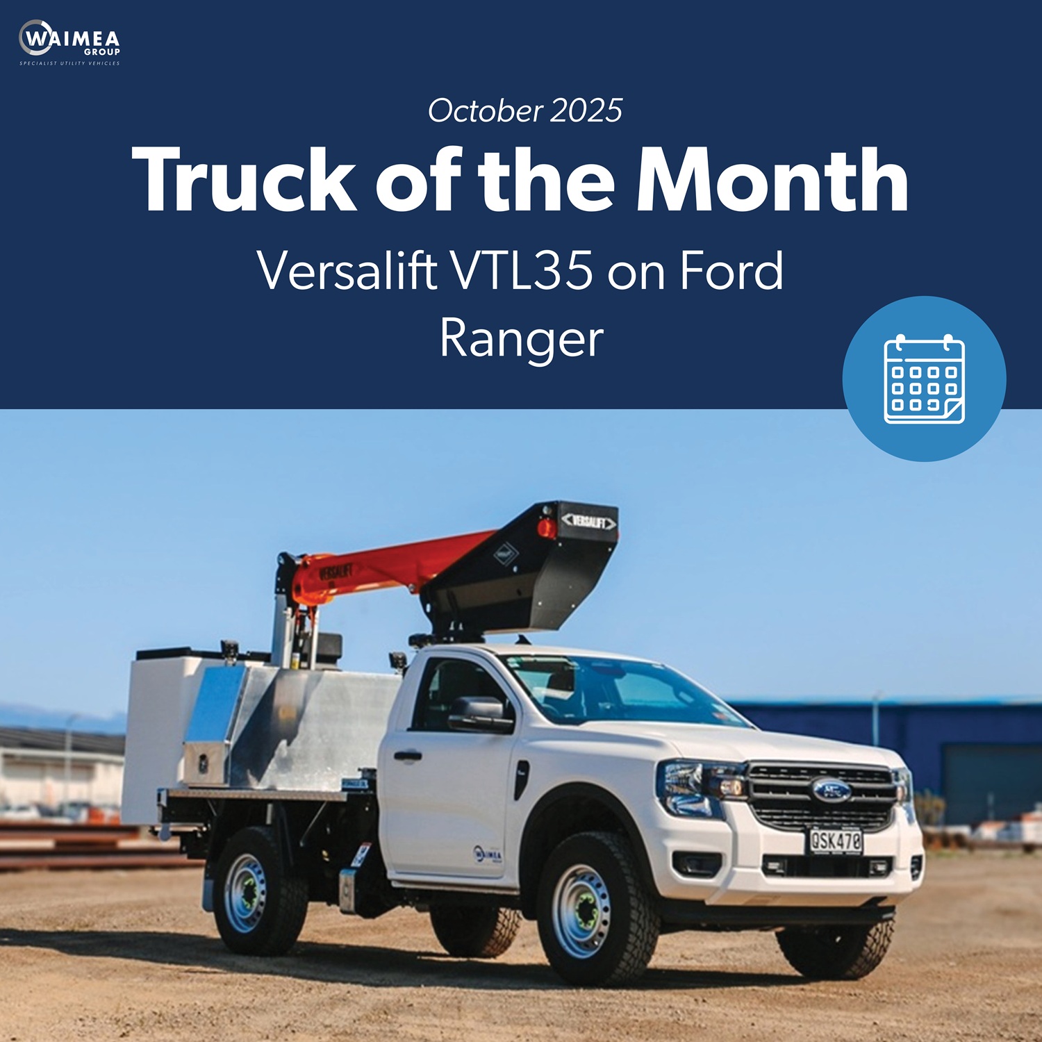 TOTM_Oct25_featured_image A compact white Ford Ranger ute with a Versalift crane and bucket mounted on the back for use in working at height, with toolboxes mounted on the deck.