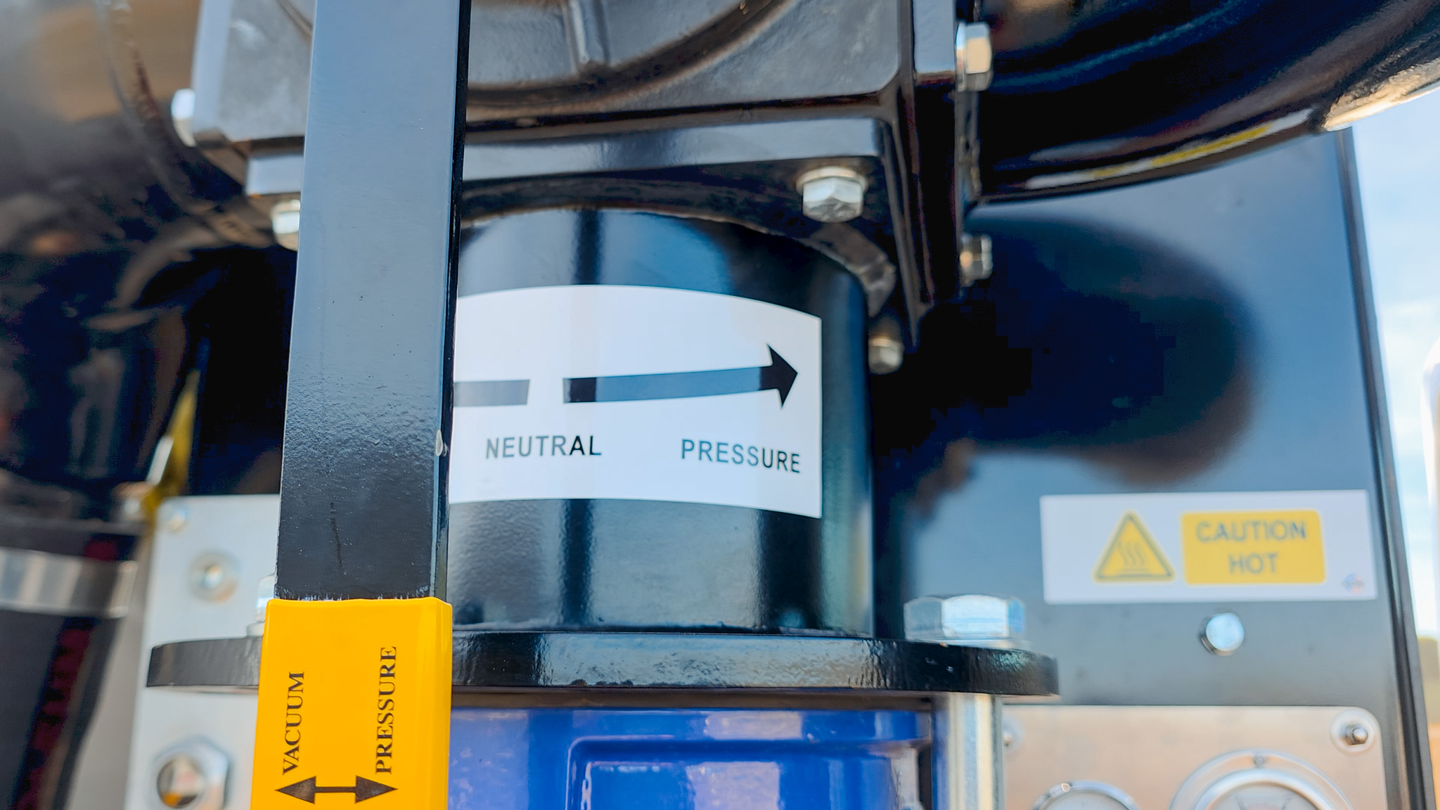 A close-up view of a hydrovac truck’s vacuum system where air is drawn into the tank to pressurise it.