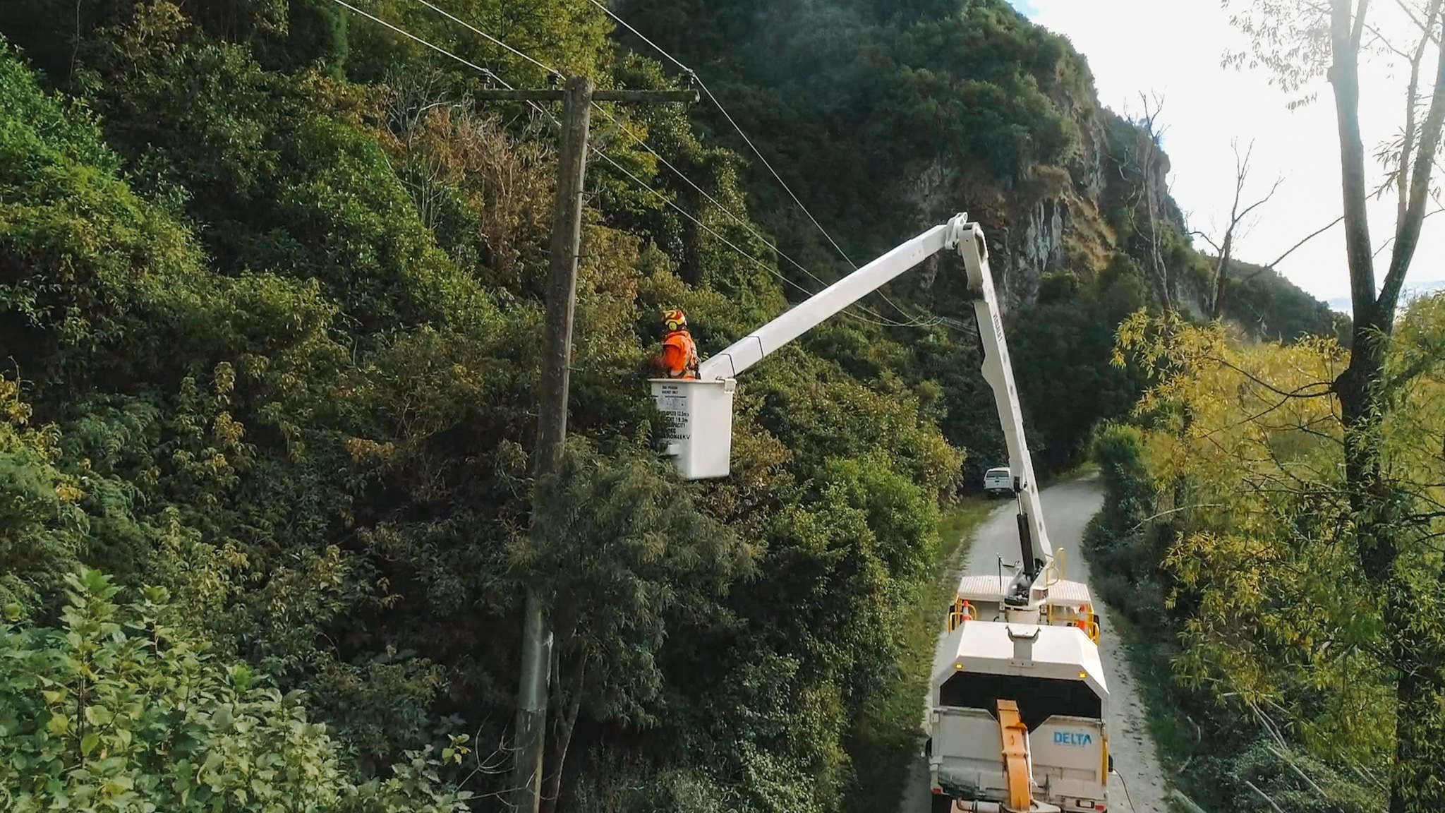 An EWP with a telescopic boom working on power lines in a field next to the treeline, with support utes around it.