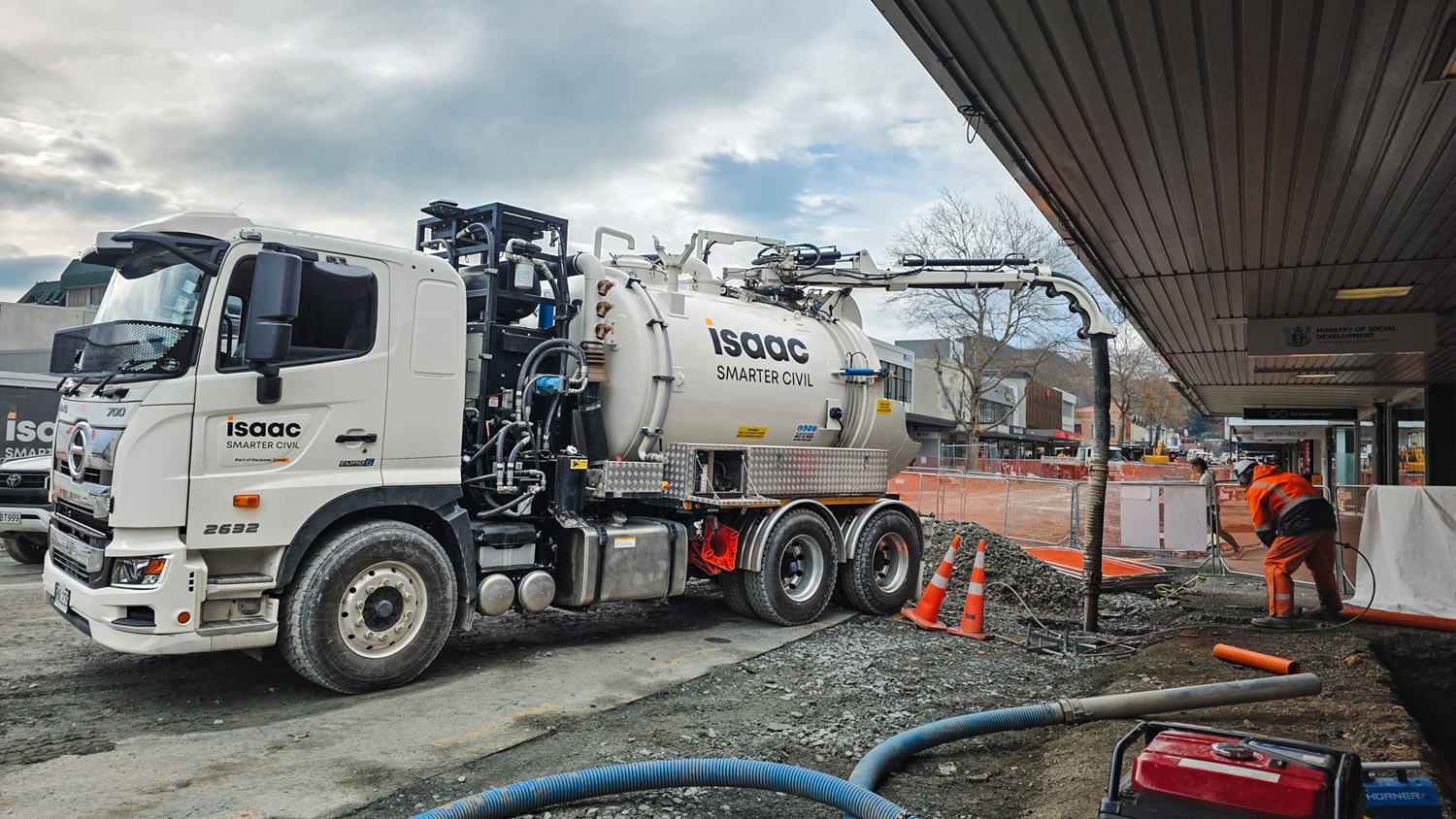 The wheels of a 6x4 Allvac® hydrovac truck parked on a job site, showing the compact wheelbase and manoeuvrable chassis suited to New Zealand hydro excavation work.