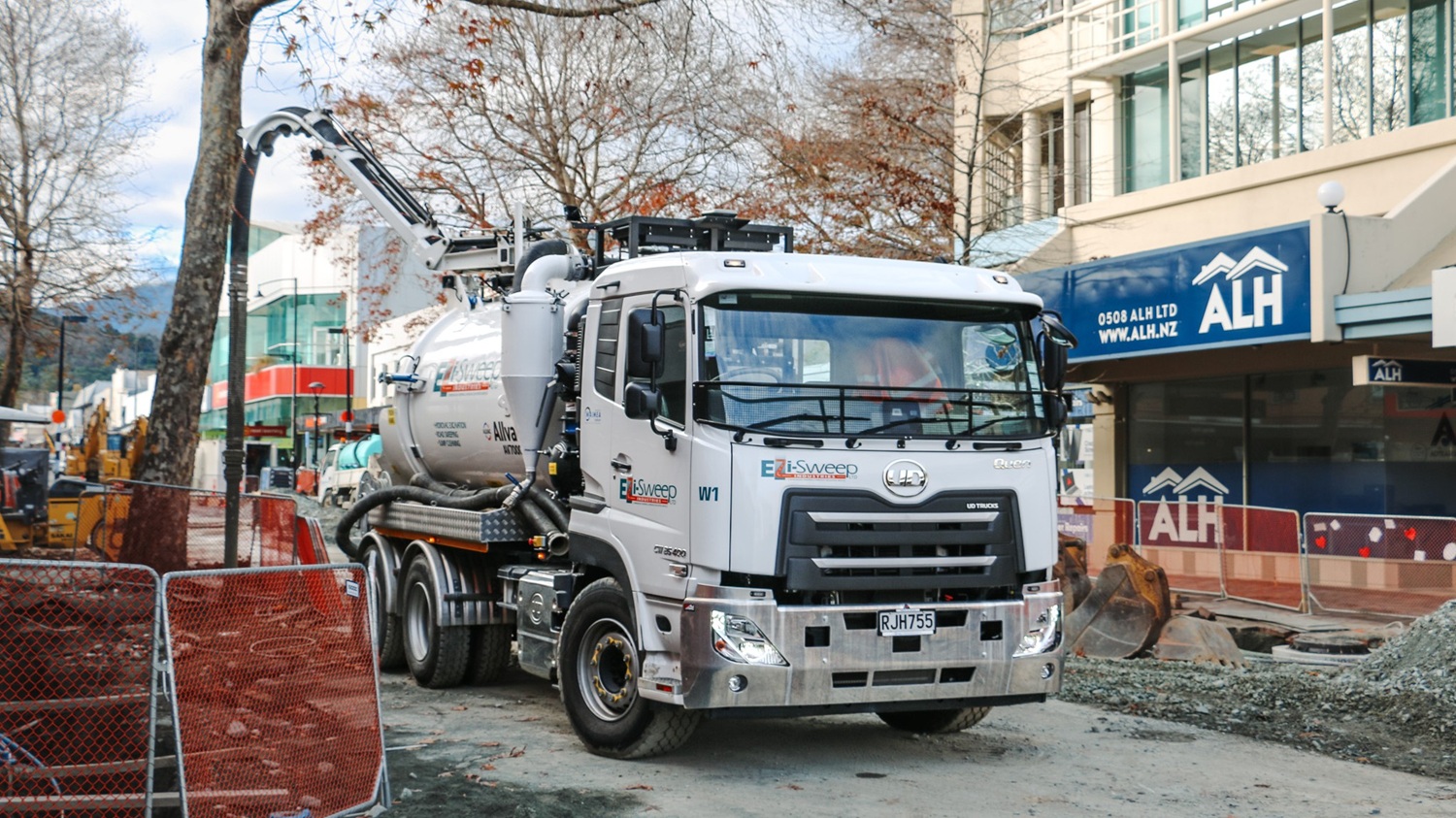 The wheels of a 6x4 Allvac® hydrovac truck parked on a job site, showing the compact wheelbase and manoeuvrable chassis suited to New Zealand hydro excavation work.